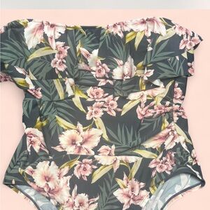 Green Floral One-Piece off the shoulder swimsuit